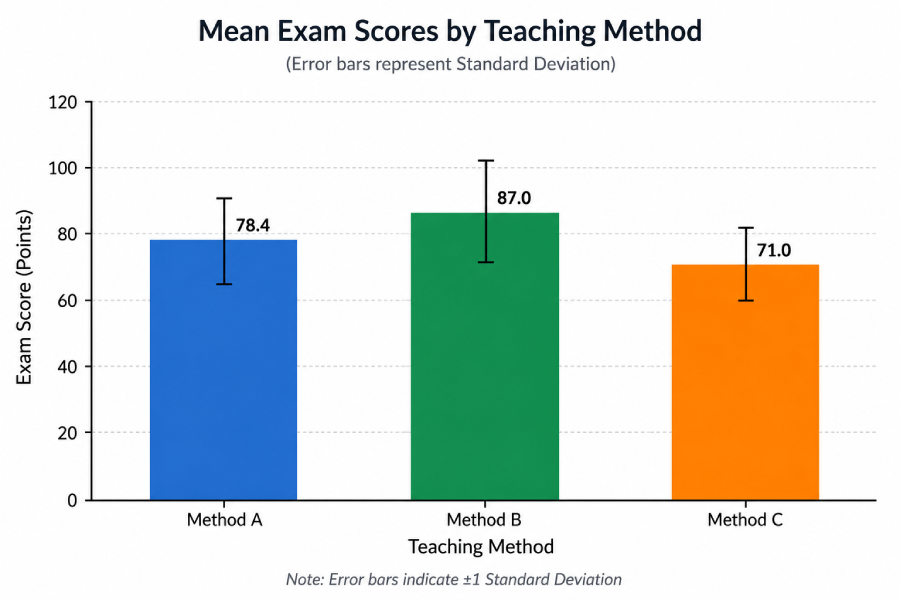 Bar chart showing mean exam scores for Method A (78.4), Method B (87.0), and Method C (71.0) with error bars representing standard deviation