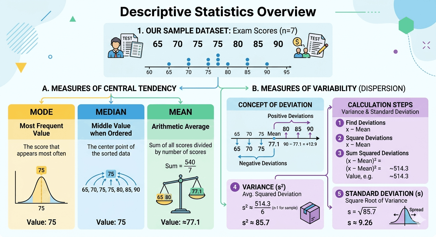 Diagram showing core descriptive statistics terms applied to a sample dataset.