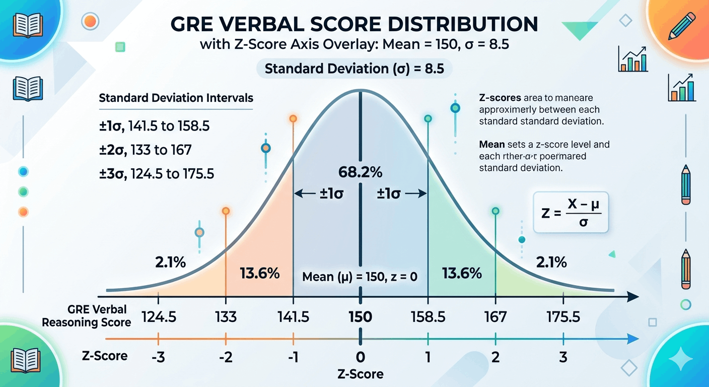 Bell curve of GRE verbal scores with mean 150 and standard deviation 8.5, showing a score of 162 at z equals 1.41, marking the 92nd percentile.