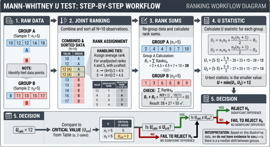 Step-by-step diagram showing how raw data is ranked, rank sums computed, and U statistic compared to critical value in the Mann-Whitney U test