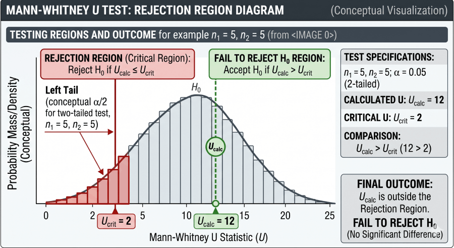 Diagram illustrating the rejection region for the Mann-Whitney U test: the left tail of the U distribution where U is less than or equal to U_critical