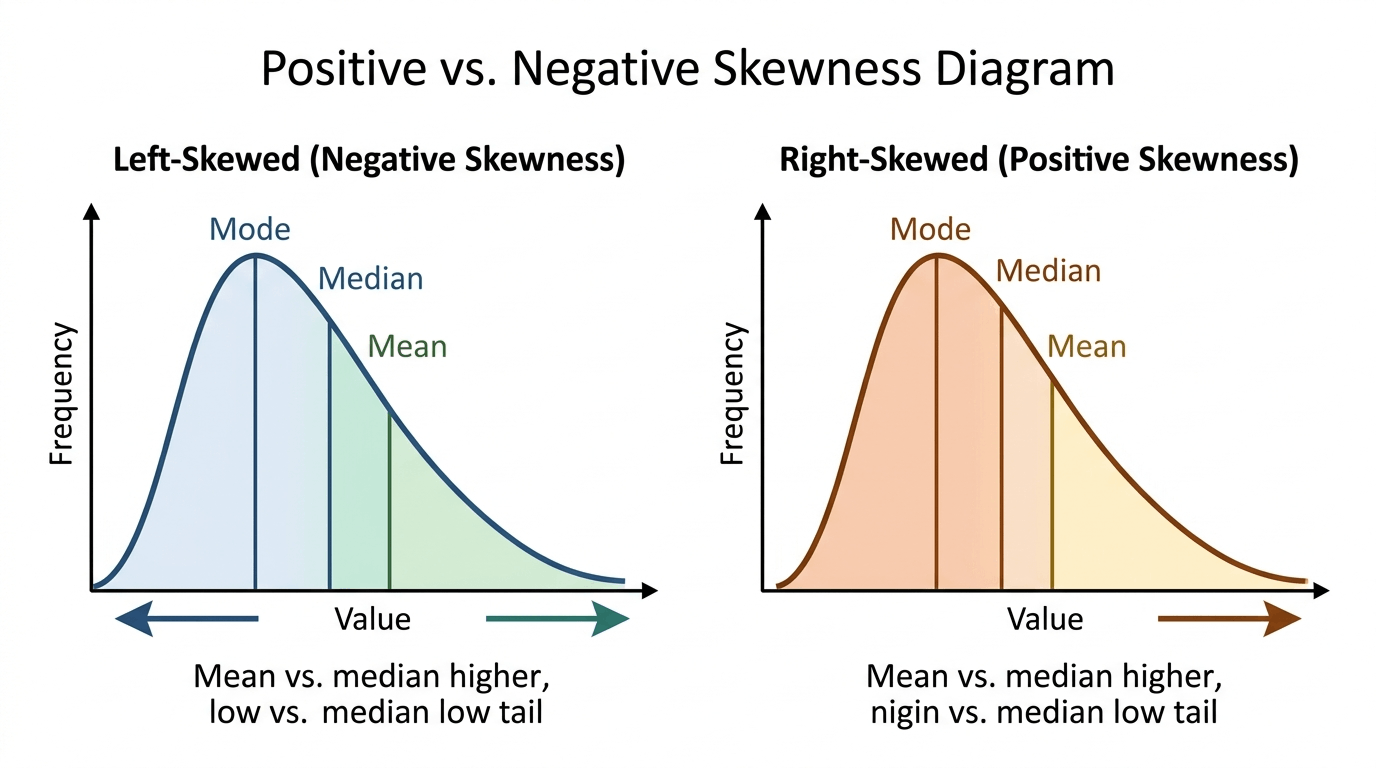 Comparison of positively skewed and negatively skewed probability distributions, showing mean and median positions.