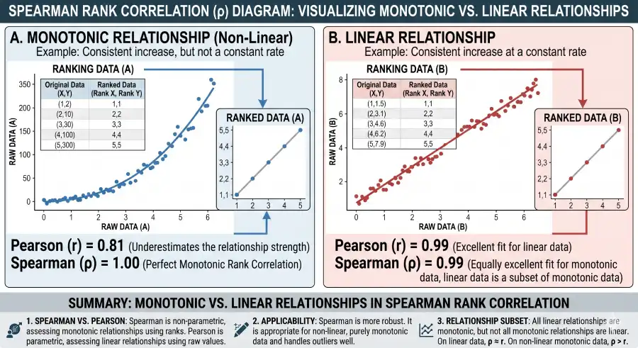 Scatter plot showing Spearman rank correlation: positive monotonic relationship between effort ratings and race finish position, with rank pairs plotted on both axes
