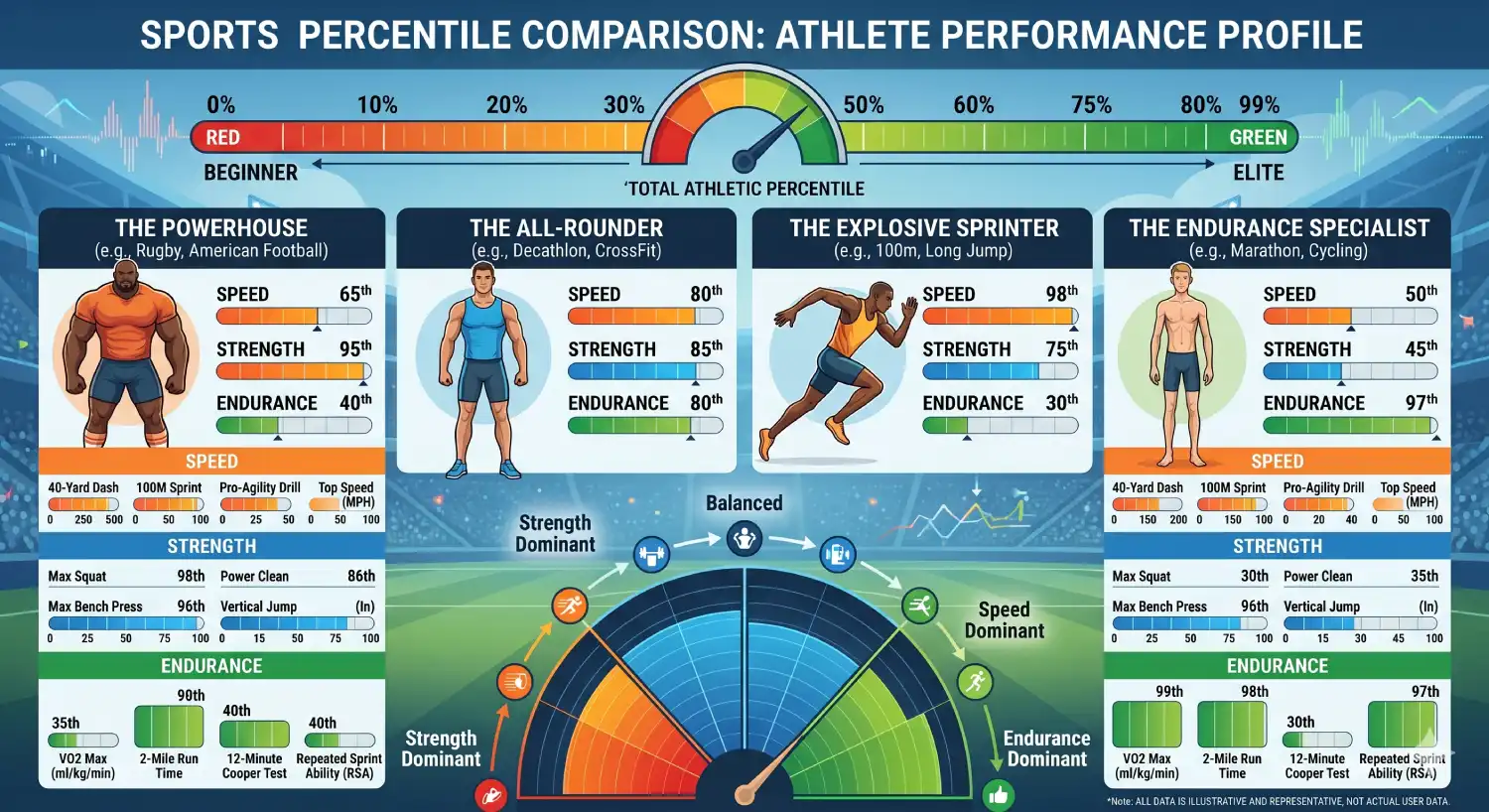 visual comparing different athletes' performance percentiles across categories (speed, strength, endurance).