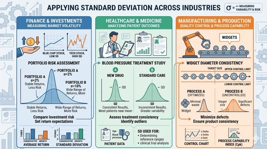 Three panels showing standard deviation applications in finance, healthcare, and manufacturing