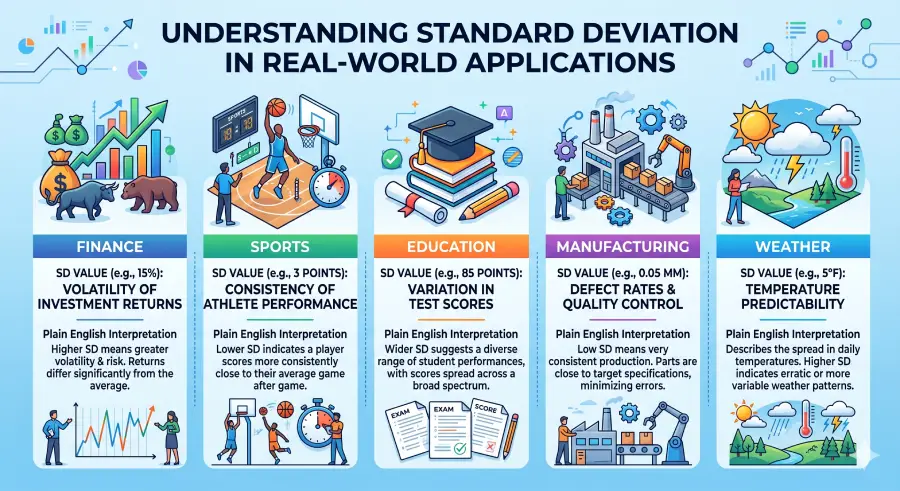 Infographic showing standard deviation applied in five domains: finance, sports, education, manufacturing, and weather with example data.