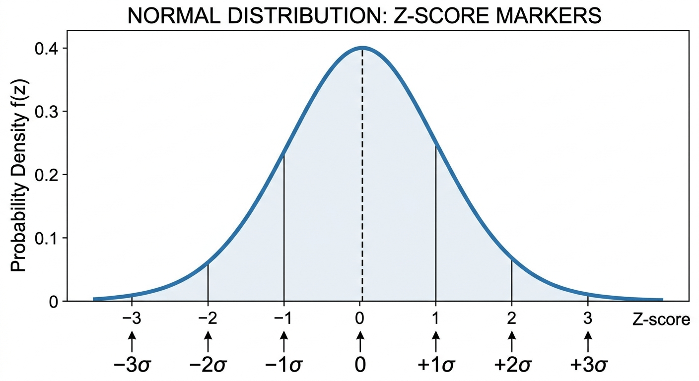 Normal distribution bell curve annotated with z score positions from negative three to positive three sigma, showing the 68-95-99.7 empirical rule bands.
