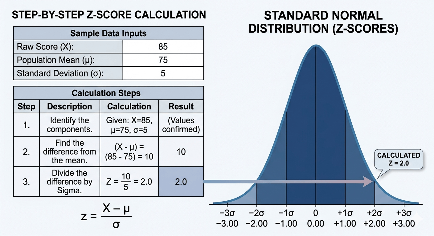 Z score formula diagram showing each variable labeled: z equals x minus mu divided by sigma, with example values substituted in.