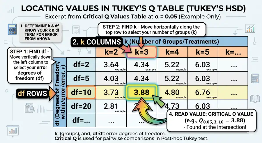 how to locate k column and df row in Tukey's Q Table